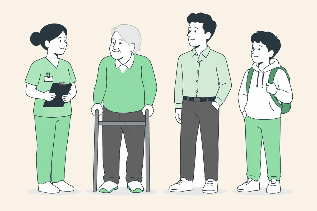 Une aidante professionnelle, un senior avec son déambulateur, et deux membres de la famille